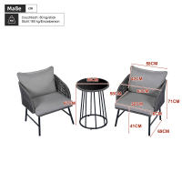 Juego de Bistro 3 Piezas, Juego de Muebles de Balcón, Cuerda Trenzada a Mano, Tabla de Vidrio, Sillas con Capacidad de Carga de 160Kg, para Terraza, Jardín y Balcón, Gris - details 7