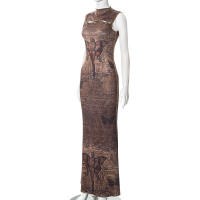 Vestido Largo De Manga Sin Mangas Para Mujer Estilo Casual Con Estampado Redondo European Y American Hot Verano 2024 Slim Fit - details 1
