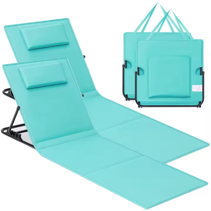 SONGMICS Juego de 2 Tumbonas de Playa, Tumbona, Cojín, Respaldo Basculante, Portátil con Asa, para Camping Jardín Piscina, 158 x 55 cm, Azul Lago - 1