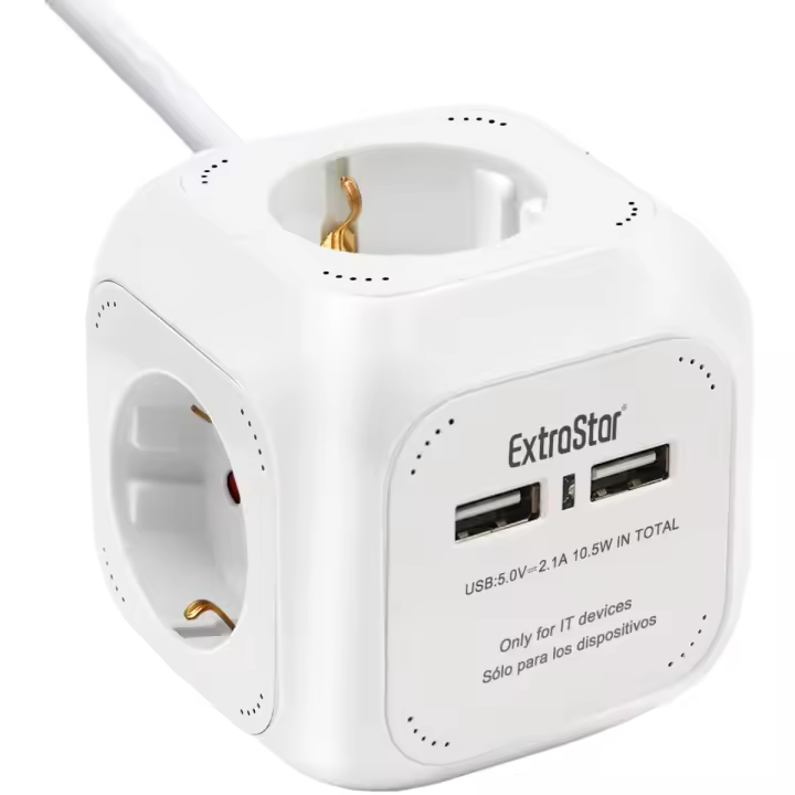 EXTRASTAR 6 en 1 Cubo Regleta Enchufe con USB de 4 Enchufes + 2 Puertos USB 5V 1.5M, MAX 3680W 16A para Hogar Oficina - 1