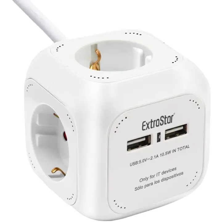 EXTRASTAR 6 en 1 Cubo Regleta Enchufe con USB de 4 Enchufes + 2 Puertos USB 5V 1.5M, MAX 3680W 16A para Hogar Oficina - 1