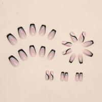 Set De 24 Uñas Postizas De Ballet Mediano Largo Con Dibujos De Rayas Y Brillo Negro Y Plateado Uñas Artificiales Francesas Removibles Para Oficina Y Fiestas - details 1