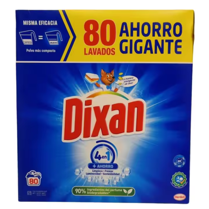 DIXAN POLVO 80 LAVADOS, SUPER PACK AHORRO. Detergente 4 en 1 80 Lavados 3960g limpieza, frescor, iluminosidad, sostenibilidad & ahorro, estas acciones proporcionan un lavado perfecto incluso con bajas temperaturas. CON DIXAN TU ROPA RELUCIENTE Y FRESCA - 1