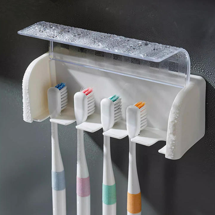 Soporte De Dientes Para Pared De Baño Con Cubierta Y 5 Ranuras Adhesivo Sin Perforar Almacenamiento De Cepillos De Dientes Para El Hogar