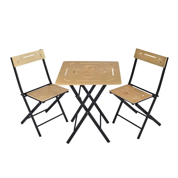 Wellhome Set de Mesa y Sillas de Jardín 3 Piezas Marrón Negro 100% MDF Patas de Metal - 1