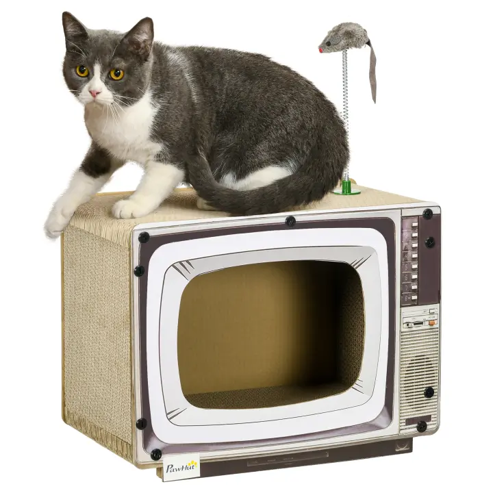 PawHut Rascador de Cartón para Gatos Tablero para Rascar en Forma de Televisor con Ratón de Juguete Centro de Actividades para Mascotas 43x23x32,5 cm Arena - 1