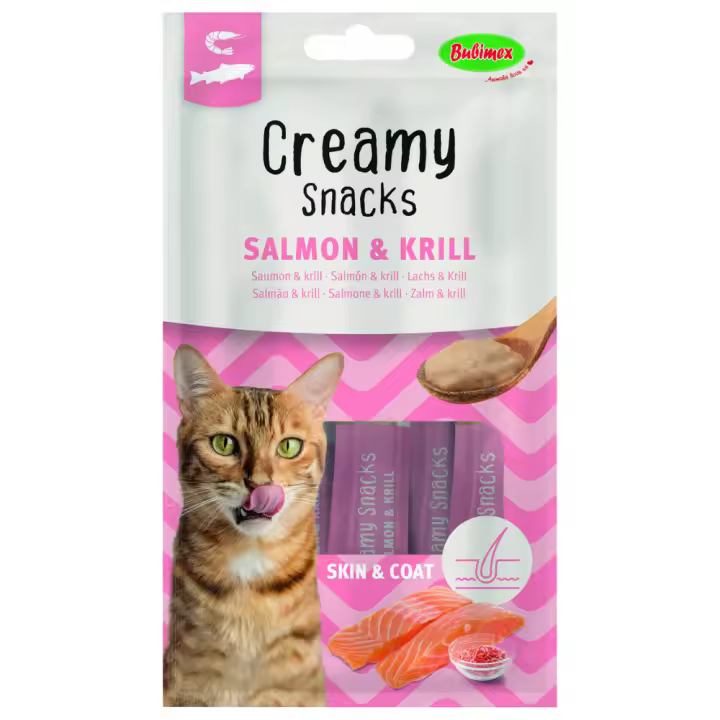 Bubimex Snack Cremoso Gatos Salmón y Krill 4x60g - Piel y Pelaje Saludable - 1