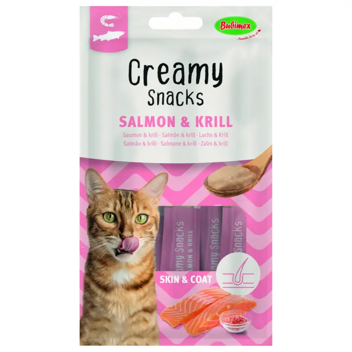 Bubimex Snack Cremoso Gatos Salmón y Krill 4x60g - Piel y Pelaje Saludable - 1