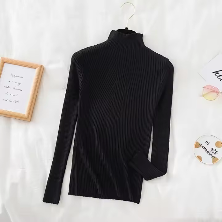 Suéter De Mujer Con Volantes Y Cuello Bajo Largo Manga Larga Tejido Básico Solido Rayado Para Otoño Invierno Top Casual - 1