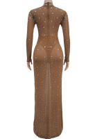 Vestido Largo De Maxi Unipersonal De Plata Con Rhinestone Para Mujer Vestido De Fiesta Con Secuincias Transparentes Ajustado Y Sexy Para Clubes Y Celebridades - details 2