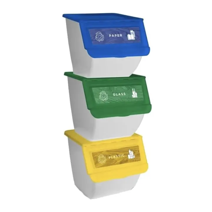 Cubo de Basura de Reciclaje - Pack 3 Cubos Apilables de Cocina con Ruedas - Capacidad 36 L - Ideal para Reciclar (Plástico - Papel - Vidrio) - 1