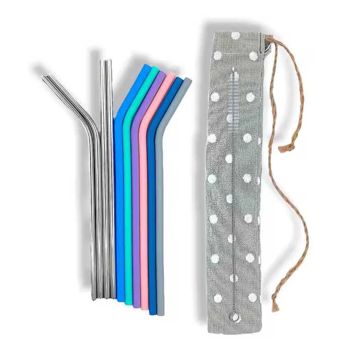 Gilcoex, Pajitas reutilizables para beber, 4 pajitas acero inoxidable, 6 pajitas silicona, Pajitas curvas y rectas de silicona y metal, 1 cepillo de limpieza, Para niños y adultos - 1