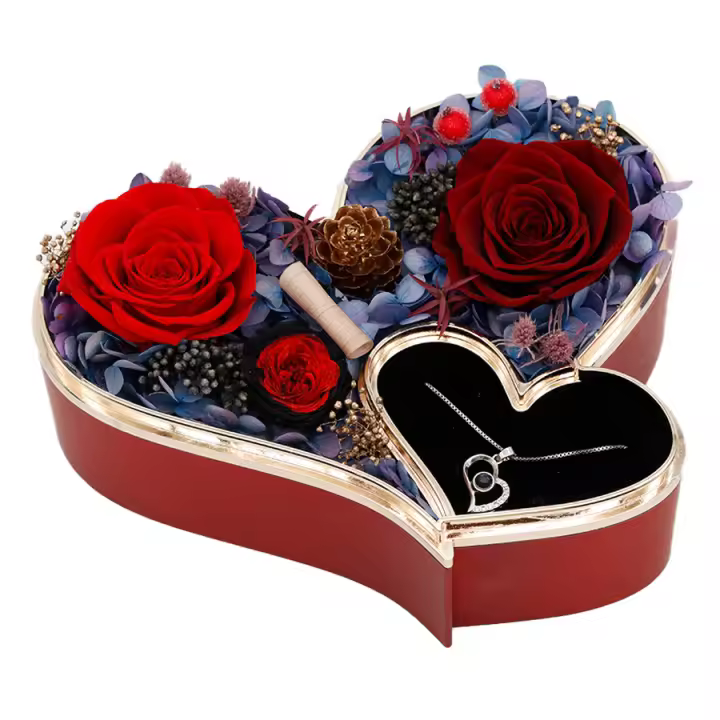 Nuevo estil para el día de la Madre, Día de San Valentín, joyero en forma de corazón, Caja de regalo con Rosa eterna Flor - 1