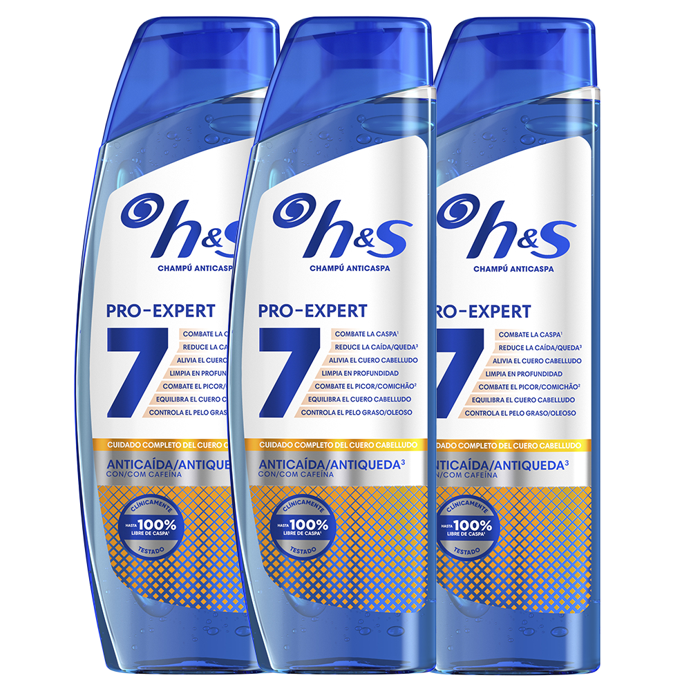 H&S Pro-Expert 7 Champú Anticaspa Anticaída con Cafeína. Combate 7 Síntomas de la Caspa para Una Protección Completa del Cuero Cabelludo. Previene Caída Capilar, Clínicamente Probado 3x300ml