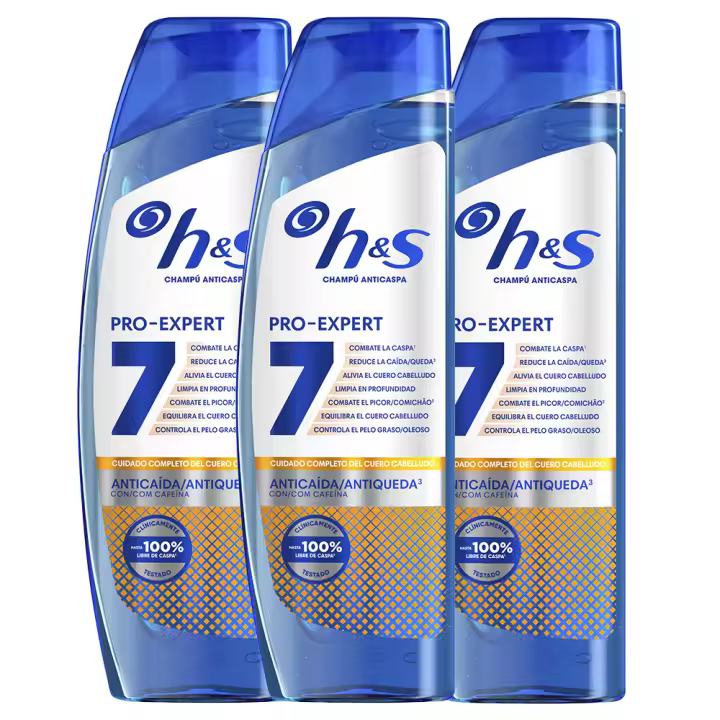 H&S Pro-Expert 7 Champú Anticaspa Anticaída con Cafeína. Combate 7 Síntomas de la Caspa para Una Protección Completa del Cuero Cabelludo. Previene Caída Capilar, Clínicamente Probado 3x300ml - 1