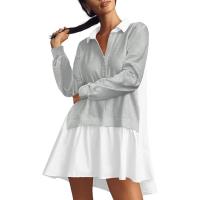 Vestido Mini De Estilo Perezoso Y Cómodo Con Botones Manga Larga Cuello En V Patchwork Casual Para Mujer Vestido Largo - details 6