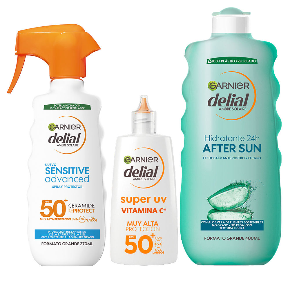GARNIER | Delial Spray Protector Sensitive Advanced Adultos crema solar para pieles claras e intolerantes al sol IP50+. After Sun Leche Calmante Rostro y Cuerpo Con Aloe Vera + SUPER UV Vitamina C FPS50+ Crema Fluida Diaria Anti-Manchas - 270+400+40ml ML