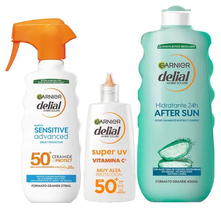 GARNIER | Delial Spray Protector Sensitive Advanced Adultos crema solar para pieles claras e intolerantes al sol IP50+. After Sun Leche Calmante Rostro y Cuerpo Con Aloe Vera + SUPER UV Vitamina C FPS50+ Crema Fluida Diaria Anti-Manchas - 270+400+40ml ML - 1