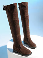 Botas De Invierno Para Mujer Marrón Hasta La Rodilla Cómodas Con Cordones Tacones Altos Y Suela Plana Botas De Gamuza Forradas Con Cierre De Lazo Fashion Y Cálidas - details 3