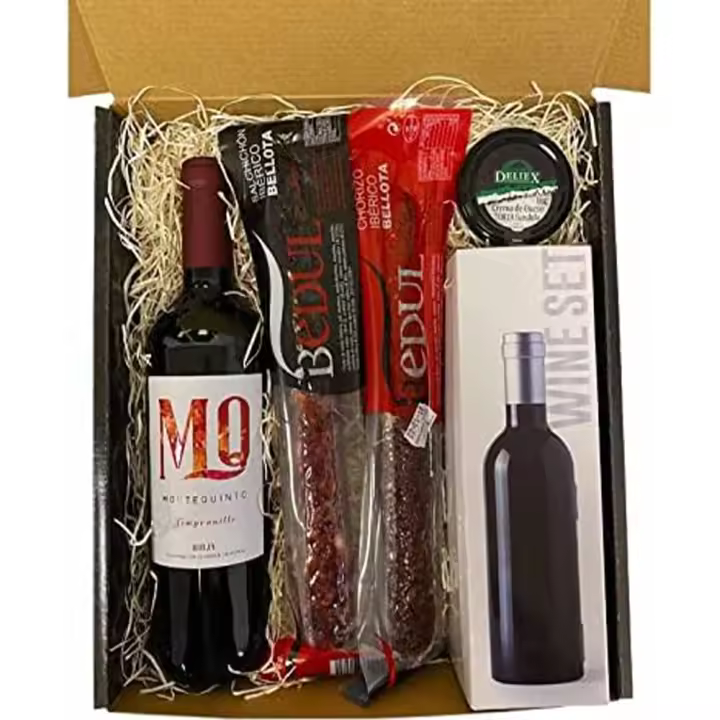 Lote con salchichón y chorizo ibérico, vino Rioja set para vinos (3 piezas) sacacorchos con corta-cápsulas y abridor, tapón dosificador y recoge-gotas y crema torta - 1