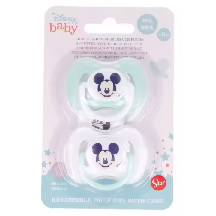 Set 2 Chupetes Mickey Tetina Reversible de Silicona Fisiológica, para +6 Meses, Libre BPA, Con Funda Mickey Cool Like, Color Verde Agua y Blanco, FABRICADO EN ESPAÑA, Stor - Kiglam - 1