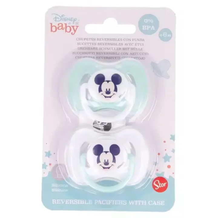 Set 2 Chupetes Mickey Tetina Reversible de Silicona Fisiológica, para +6 Meses, Libre BPA, Con Funda Mickey Cool Like, Color Verde Agua y Blanco, FABRICADO EN ESPAÑA, Stor - Kiglam - 1