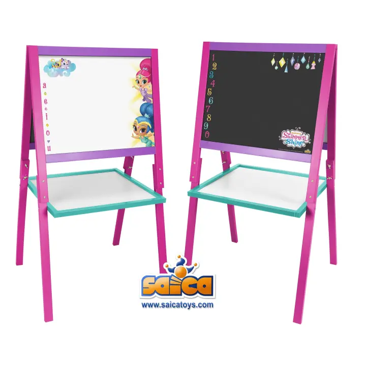 Pizarra infantil de 4 patas, doble cara, con diseños exclusivos de Shimmer and Shine (2689) Una cara para pintar con rotulador y la otra con tiza. Tablero reversible. Calidad al mejor precio. De acuerdo a la normativa CE. +3 años - 1