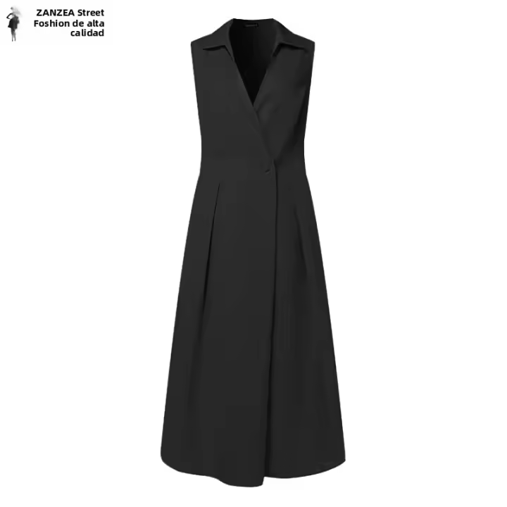 Vestido Midi Elegante ZANZEA Para Mujer Estilo Trabajo OL Verano Vuelta En El Cuello Sin Mangas Silueta A-Line Oficina Casual Longitud Media Pierna - 1