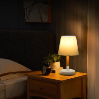 Aigostar – Lámpara de Mesa, Lámpara de Mesita de Noche Pequeña de Madera Moderna, lámpara de Noche con Tulipa de Tela Blanca y Base de Metal, Portalámparas E14, Ecológica, Decorativa y Vintage - details 4