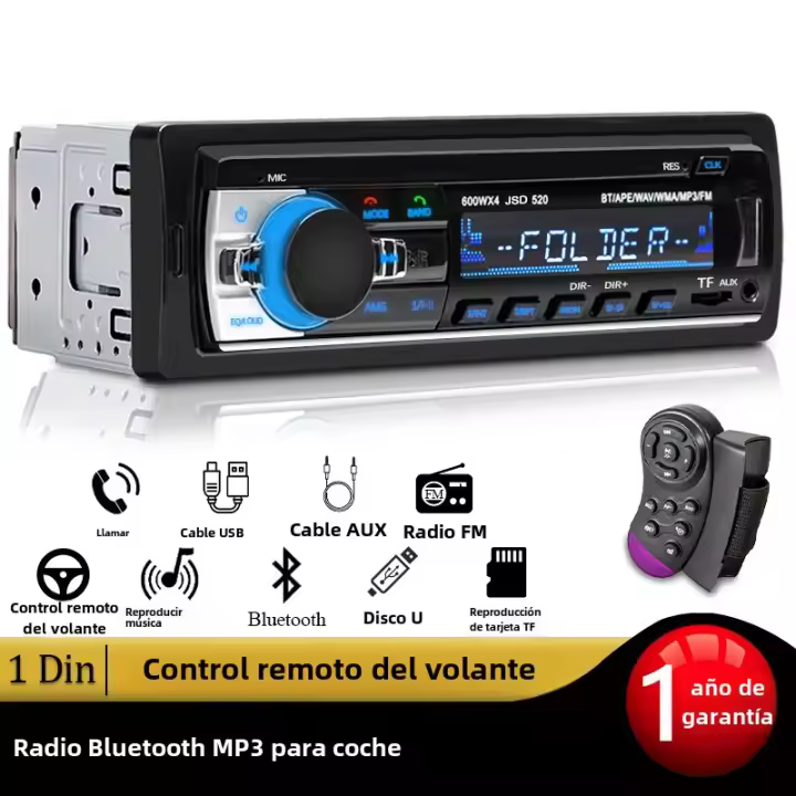 Reproductor De Radio Para Coche 1 DIN Estéreo Multimedia MP3 Bluetooth FM ISO Entrada Auxiliar USB Autoradio Universal - 1