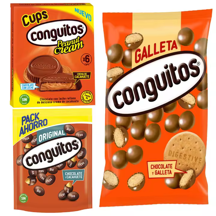 Pack Conguitos galleta leche bolsa 1kg,cups leche pack 3x34g,negro doypack 350g - 1