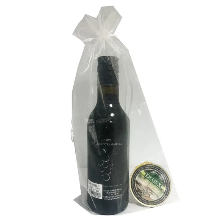 Deliex. Detalle de vino tinto de Extremadura con monodosis de paté de 25 g en bolsa de organza para invitados de eventos (Pack 24 ud) - 1