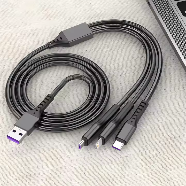 Cable De Carga Rápida 3 En 1 5A Braided Negro Compatible Con iPhone Xiaomi Samsung Oneplus Tipo-C/USB-C Con Tres USB-A Para iPhone - 1