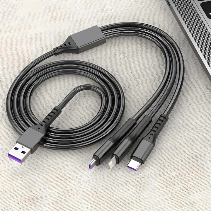 Cable De Carga Rápida 3 En 1 5A Braided Negro Compatible Con iPhone Xiaomi Samsung Oneplus Tipo-C/USB-C Con Tres USB-A Para iPhone - 1