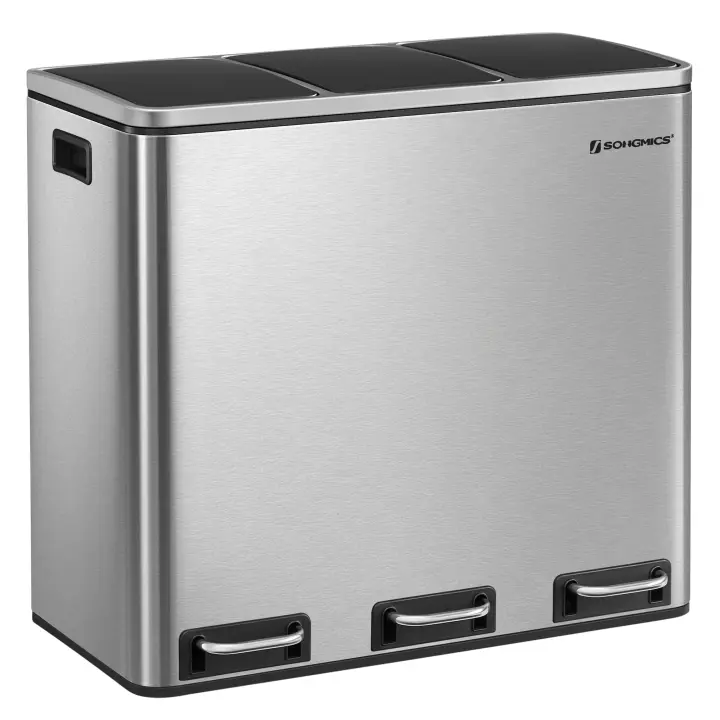 SONGMICS Cubo de Basura para Cocina, 3 x 18 L, 3 Compartimentos para Reciclaje, Residuos, Restos de Comida, Tapas de Cierre suave, Pedales, Cubetas, Acero, Beige Arena/Blanco Nube/Gris Verdoso/Negro Tinta/Plata Metálico y Negro Tinta - 1
