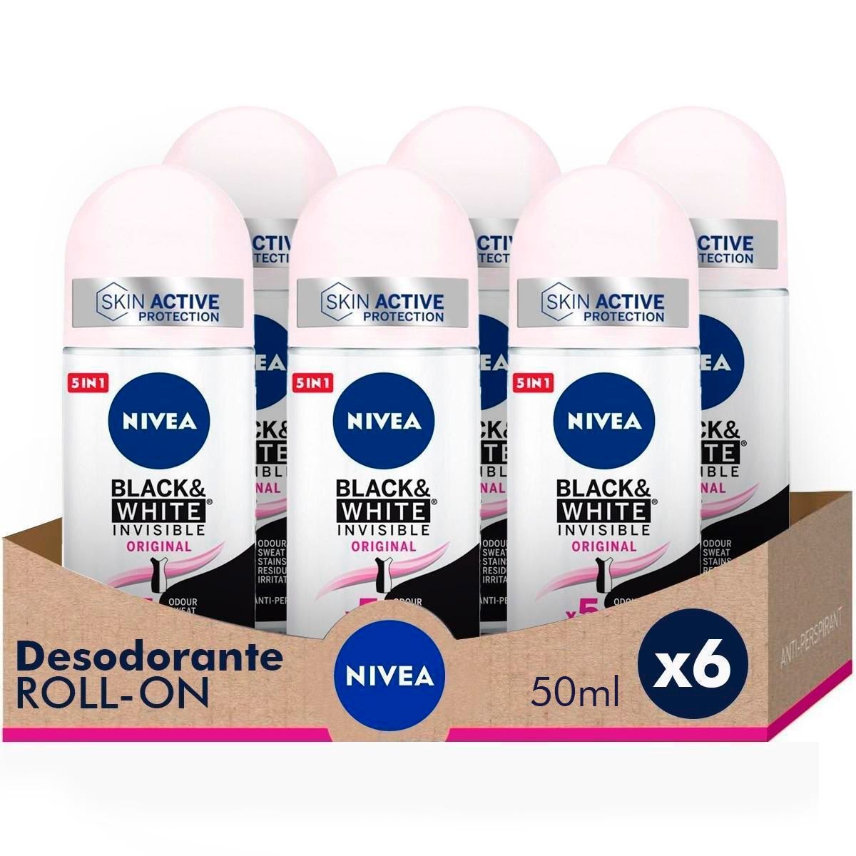NIVEA Pack ahorro - Black & White Invisible Original Roll on Desodorante para mujer 50ml x 6 unidades.