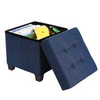 Taburete reposapiés cuadrado con almacenamiento y tapizado capitoné, patas de madera maciza, asiento acolchado de espuma, disponible en gris oscuro, gris claro y azul marino - details 2