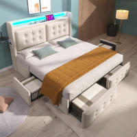 Cama tapizada 160x200, Cama Doble with Cabeza LED y Carga USB C Y 4, Cama de almacenamiento with base de listones de madera y estructura metálica, capacidad de carga 300 kg, algodón (colchón no incluido) - details 1