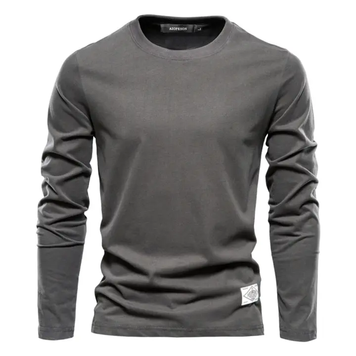Camiseta De Manga Larga Para Hombre 100% Algodón Estilo Casual Solido Primavera Calidad Superior Ropa Clásica Camisetas Masculinas - 1