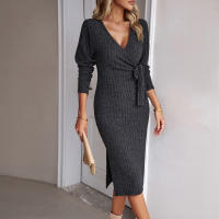 Vestido Largo De Encaje Solido Para Mujer Embarazada Con Cuello En V Y Mangas Largas Abrazador De Cintura Para Invierno Ropa Casual De Polyester Y Spandex - details 13