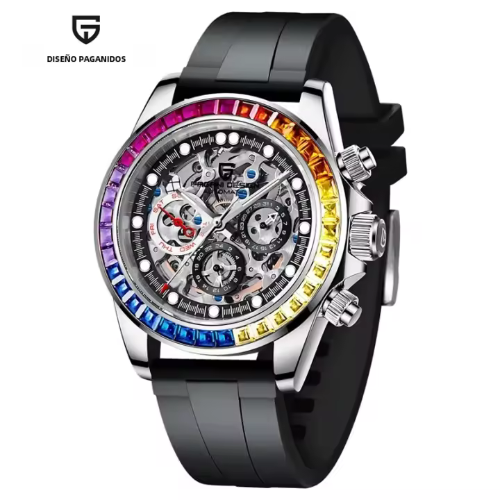 Reloj Mécanico De Lujo PAGANI DESIGN Para Hombre Con Bisel De Cerámica Arco Iris Resistente Al Agua De Acero Inoxidable Y Correa De Goma - 1