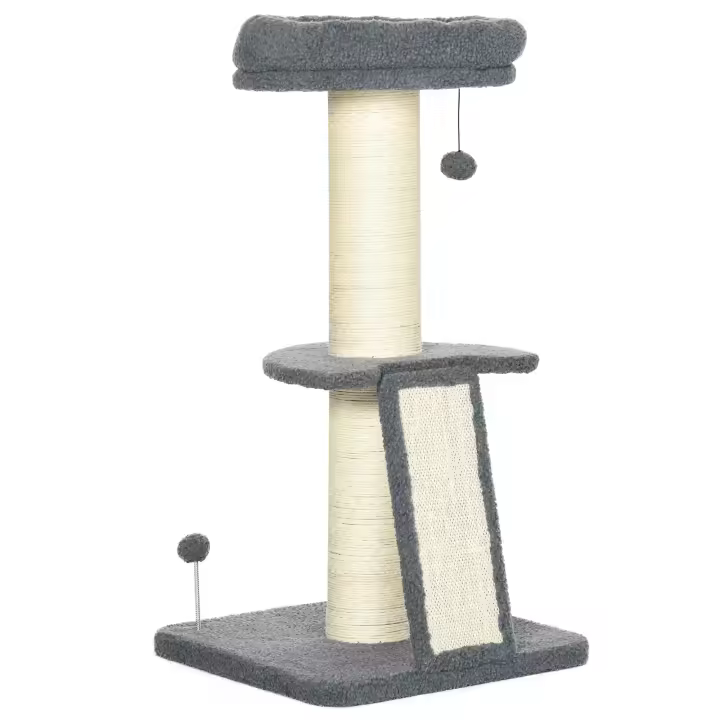 PawHut Rascador Árbol trepador de 92 cm de alto con rascador y pelota de juego Árbol para gatos Columna gruesa de sisal Juguete para gatos con rampa imitación piel de cordero gris oscuro + blanco crema - 1
