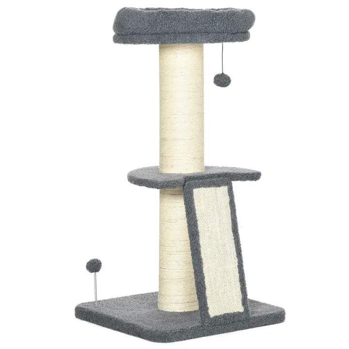 PawHut Rascador Árbol trepador de 92 cm de alto con rascador y pelota de juego Árbol para gatos Columna gruesa de sisal Juguete para gatos con rampa imitación piel de cordero gris oscuro + blanco crema - 1