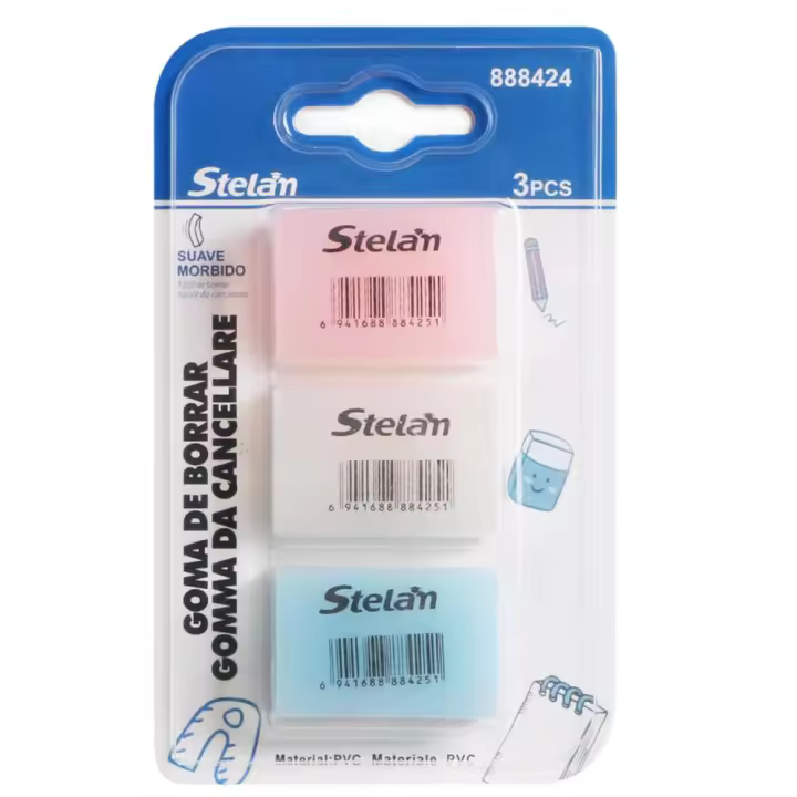 Stelán Gomas de Borrar Suaves – Pack de 3 Borradores de Colores (Azul, Blanco, Rosa), PVC Sin Tóxicos, Tamaño 37x25x15mm – Para Escuela, Oficina y Dibujo Técnico - 1