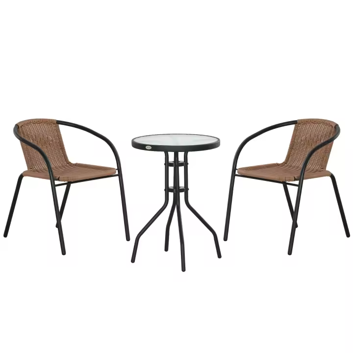 Outsunny Conjunto de Mesa y 2 Sillas de Jardín Juego de 3 Piezas Sillas y Mesa de Ratán con 2 Sillas Apilables y 1 Mesa de Centro Redonda para Terraza Césped Balcón Marrón - 1