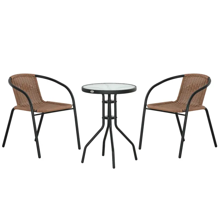 Outsunny Conjunto de Mesa y 2 Sillas de Jardín Juego de 3 Piezas Sillas y Mesa de Ratán con 2 Sillas Apilables y 1 Mesa de Centro Redonda para Terraza Césped Balcón Marrón - 1