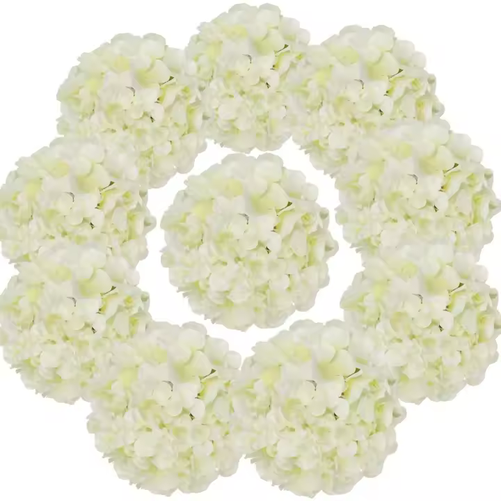 Cabezas de hortensias de seda, flores artificiales con tallos para decoración del hogar o la boda, paquete de 10 (marfil) - 1