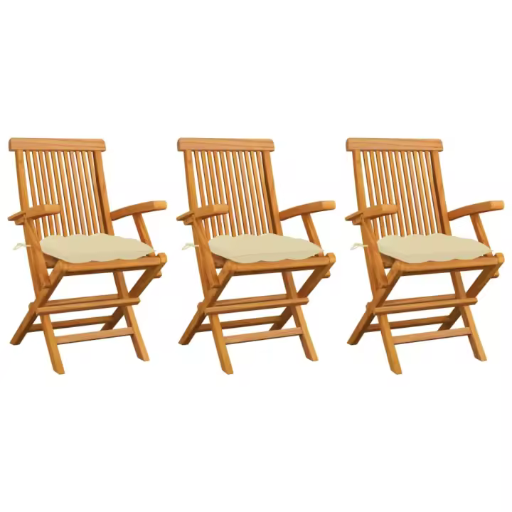 Sillas de jardín 3 uds madera teca con cojines crema blanco - 1