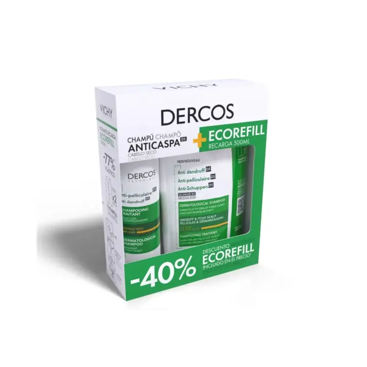 Vichy Dercos Champu Anticaspa Cabello Seco 390ml + Ecorefill Recargable 500ml - 1