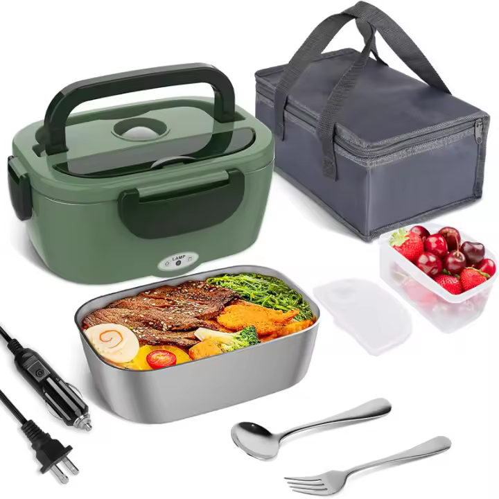 Fiambrera Eléctrica 1.5L 60W, 12V/24V+220V Gran Comida Térmico con Bolsa y Acero Inoxidable Tenedor Cuchara para Coche Camión Oficina - 1